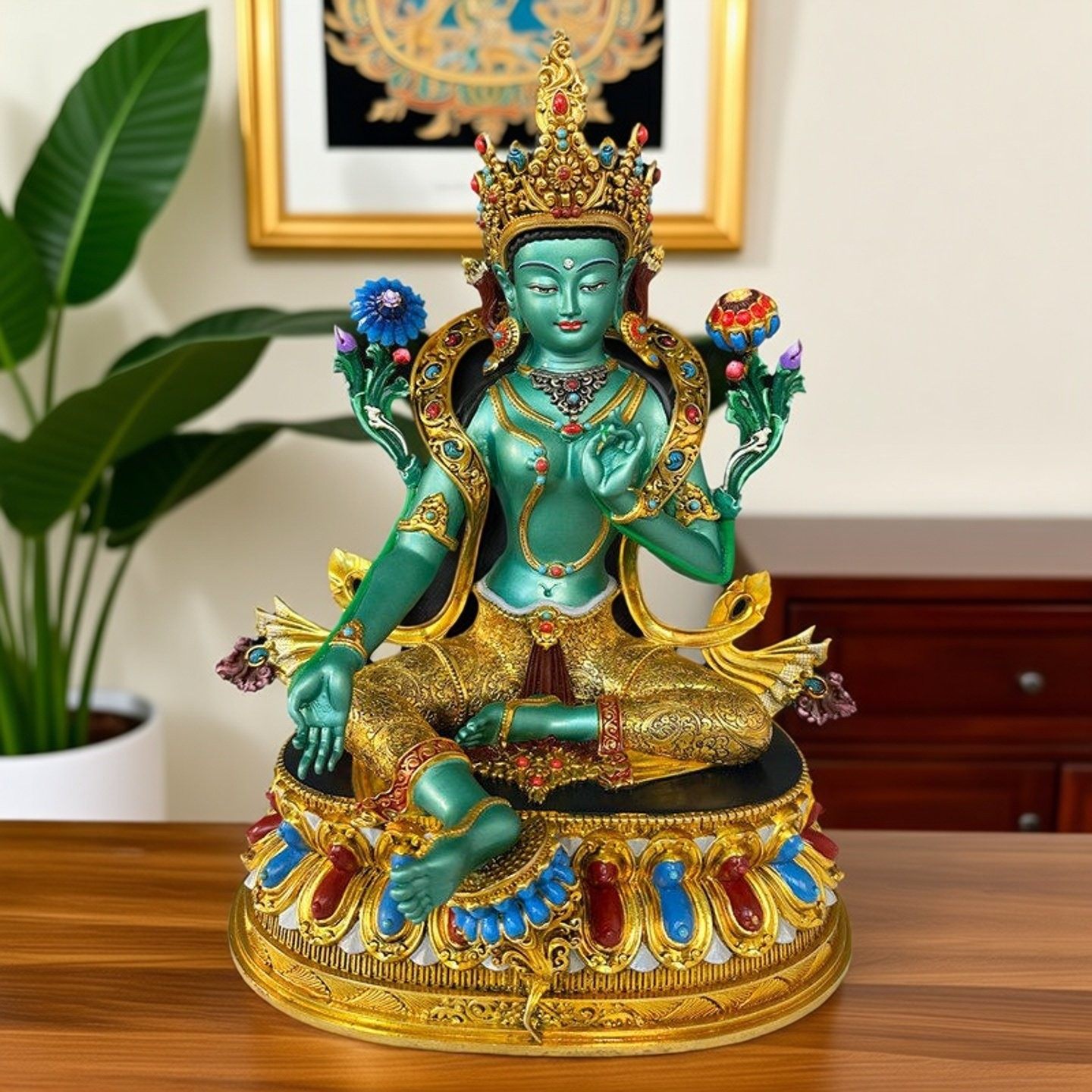 藏传尼泊尔工艺精品彩绘绿度母铜雕佛像纯铜手工錾刻供奉桌面摆件