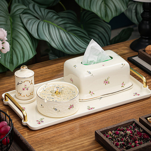 轻奢陶瓷纸巾盒ins现代创意客厅餐桌茶几抽纸盒牙签盒烟灰缸套装