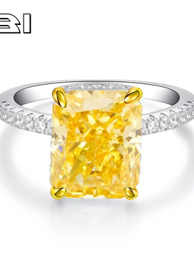 培育高碳钻冰花切3克拉黄钻戒s925纯银满钻镶嵌高级感方形钻戒指