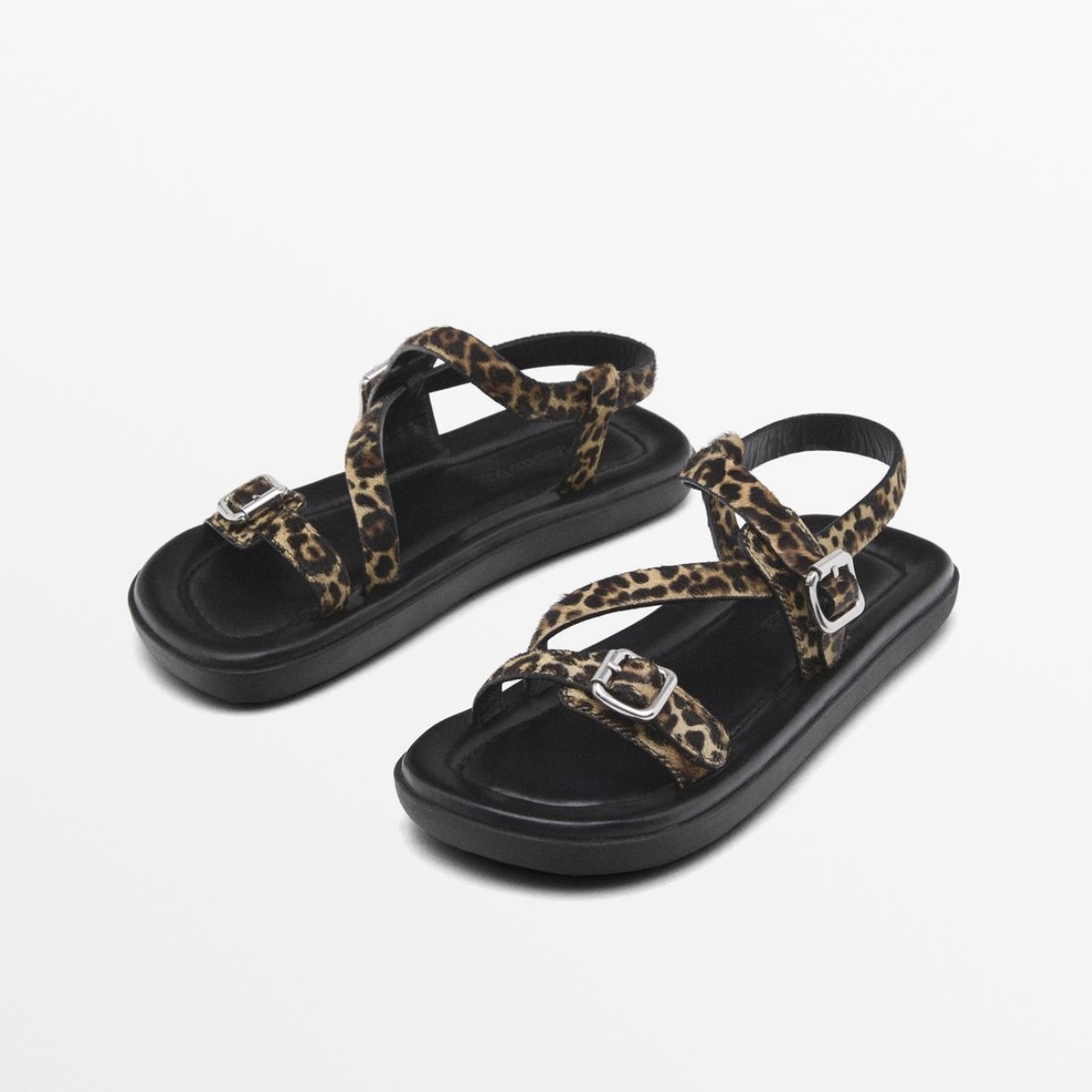 西班牙小众MD女鞋 2025夏季新款真皮豹纹搭扣罗马平底百搭凉鞋女