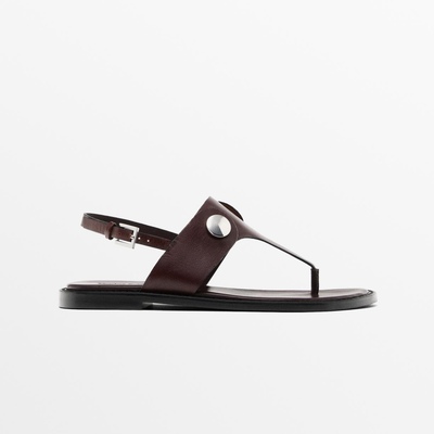 西班牙小众MD女鞋2025夏季新款复古勃艮第红缀扣平底夹趾人字凉鞋