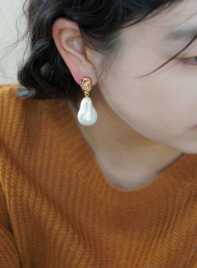如帆小众时尚通勤大珍珠不规则耳钉轻奢高级感耳环法式优雅51133