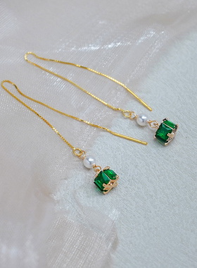 如帆小众复古四边绿锆石珍珠耳线925纯银流苏长耳环精致饰品50408