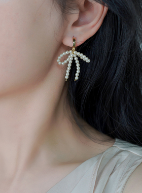 如帆小众设计感优雅气质珍珠蝴蝶结耳扣法式复古优雅耳环女50872