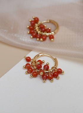如帆法式复古优雅多籽红玛瑙耳扣气质新中式甜美少女耳环潮50683