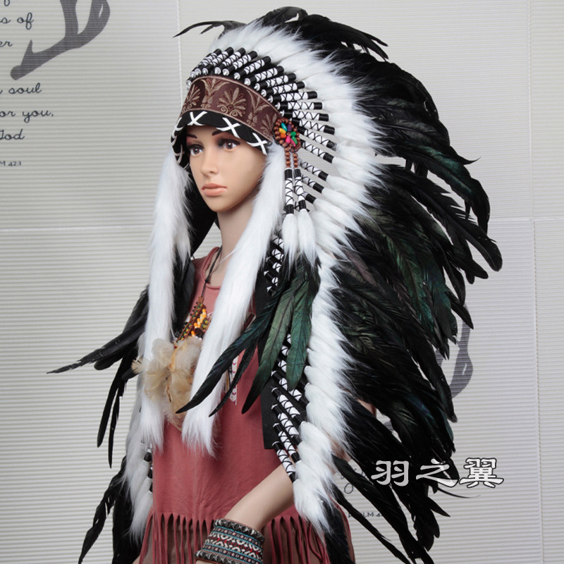 长款印第安羽毛头饰原始非洲鼓野人表演土著酋长帽子酒吧表演道具