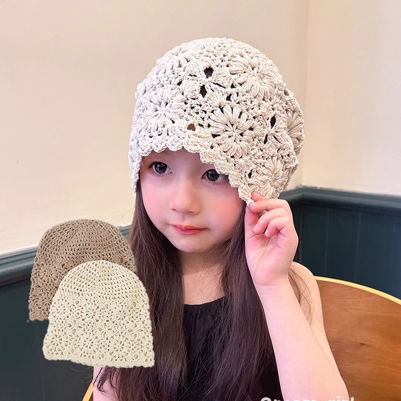 儿童针织镂空钩花包头帽女童薄款大头围显脸小堆堆帽子毛线帽出游