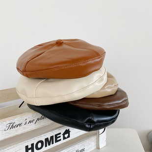 日系儿童PU贝雷帽 纯色皮质男童女童拼接时装帽洋气画家帽海军帽