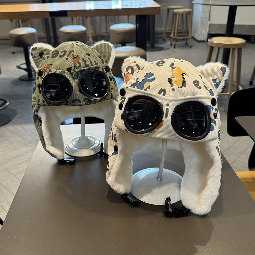 儿童帽子冬季飞行员护目镜雷锋帽男女宝宝护耳加绒保暖防风套头帽