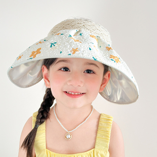 女童空顶帽夏季防晒韩版蝴蝶结碎花遮阳帽大檐透气凉帽宝宝太阳帽