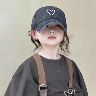 儿童鸭舌帽做旧牛仔爱心刺绣软顶帽子春秋季 男童女童宝宝棒球帽潮