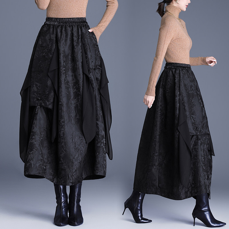 国风浮雕提花半身裙女2025秋冬季新款时尚不规则中长款拼纱花苞裙