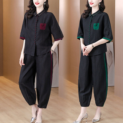 两件套香云纱刺绣套装妈妈装真丝