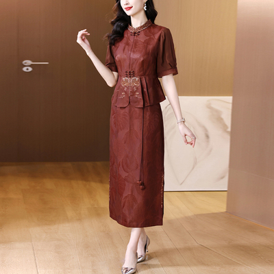 香云纱新中式国风刺绣套装上衣半身裙子夏季真丝妈妈桑蚕丝女短袖