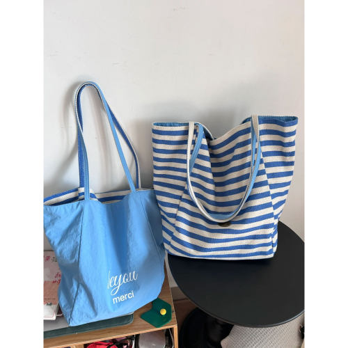 夏日元气条纹帆布包女式2025新款双面单肩腋下托特包韩手提购物袋