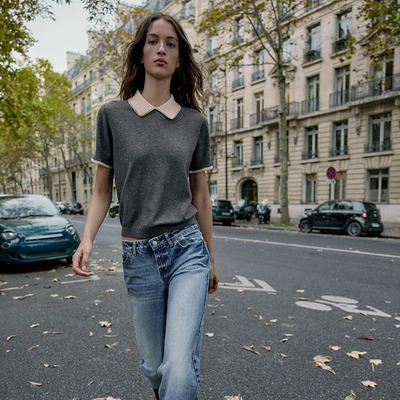 ZA 2025冬季新款女装花边拼接POLO衫领短袖针织衫 2142238 803