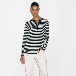 新款 9325101 女装 圆领休闲条纹排扣针织衫 043 长袖 ZA 2026春季
