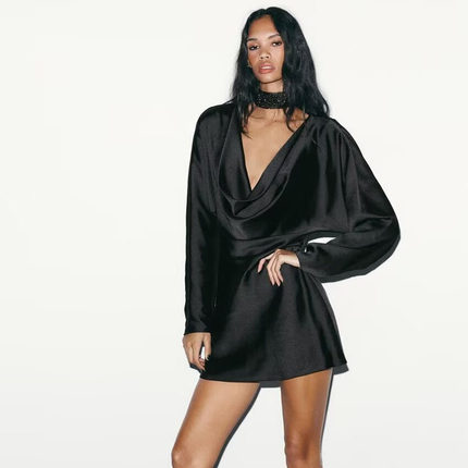 ZA 2025冬季新款女装时尚休闲丝缎质感垂褶领连衣裙 9377332 800