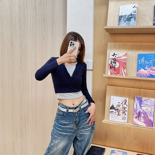 假两件长袖t恤女收腰落肩