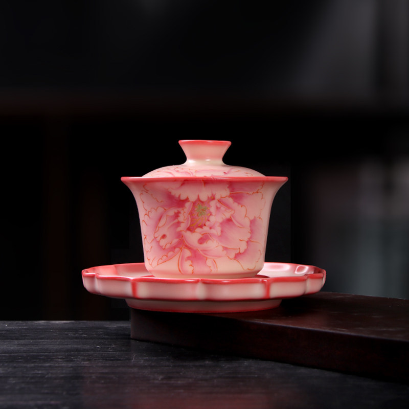青瓷猪油冻手绘荷花马蹄盖碗李辉熠陶瓷粉红礼盒装敬茶杯三才碗,餐饮具,盖碗,淘宝优惠券,粉丝福利购,淘宝优惠卷