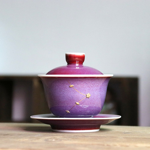 中式钧窑大号码盖碗钧瓷功夫茶具敬茶杯三才杯茶备泡茶杯陶瓷茶碗