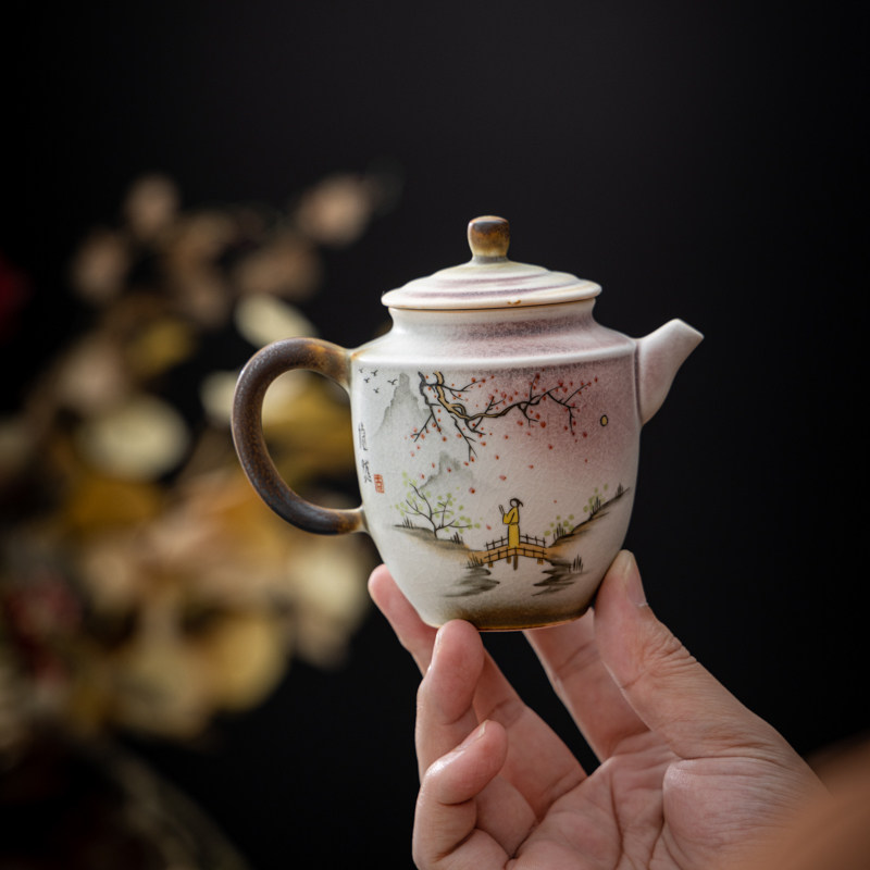 粉柴手绘悠然石瓢壶复古手抓壶侧把壶单壶李辉熠一壶两杯茶具套装