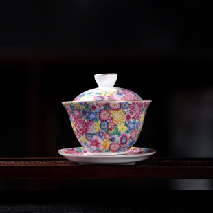 珐琅彩万花盖碗陶瓷茶海主人杯三才杯白瓷敬茶公道杯茶杯网架茶漏