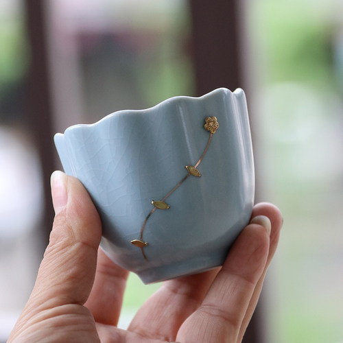 天青汝窑茶具陶瓷茶杯手工锔钉开片可养主人杯品茗杯个人杯单杯