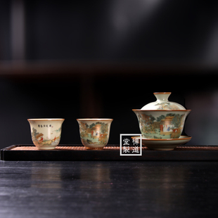 青玉汝窑访友图壶承盖碗茶杯一人中国风三件套敬茶杯陶瓷泡茶碗