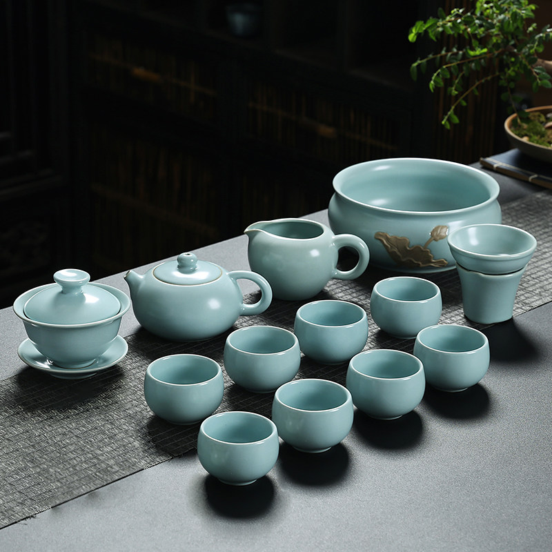 陶瓷茶具套装家用高端天青色恒缘汝窑功夫茶杯盖碗全套西施壶中式
