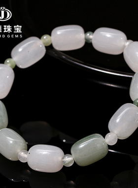 天然天山翠老型桶珠手串 冰润白绿配色玉石手链 直播供货饰品现货