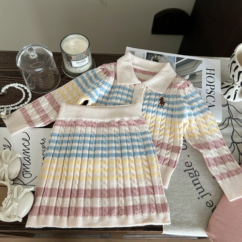 韩版童装2025新款春季女童针织条纹套装儿童polo衫长袖半裙