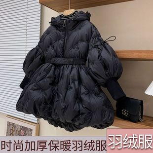 m222新款童装冬季女童法式灯笼袖立体刺绣盘花收腰保暖羽绒服