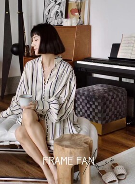 Frame Fan 时髦复古 法式灯笼袖 意大利进口丝麻棉色织竖条纹上衣