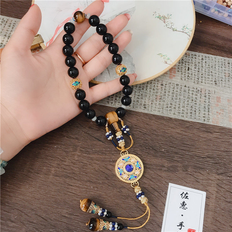精美手工宫廷款清宫十八子黑玛瑙玉石手持念珠压襟挂件中式复古风