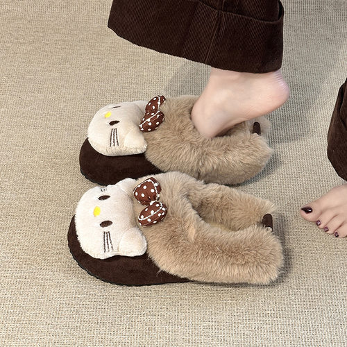 卡通小猫蝴蝶结休闲毛毛拖鞋女冬季时尚外穿厚底一脚蹬包头棉拖鞋