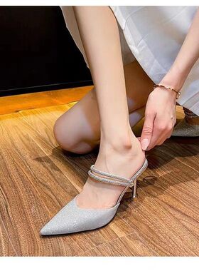 高跟鞋女2025年夏季新款水钻细跟浅口半拖两穿拖鞋外穿高跟凉鞋女
