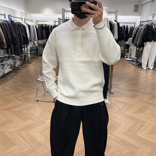 老钱风翻领针织毛衣通勤POLO衫潮