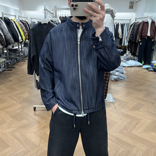 美式复古扎染竖条纹立领牛仔外套男春季宽松休闲痞帅通勤拉链卫衣