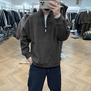 首印冬季纯色简约半拉链立领双面摇粒绒卫衣男美式复古宽松保暖潮