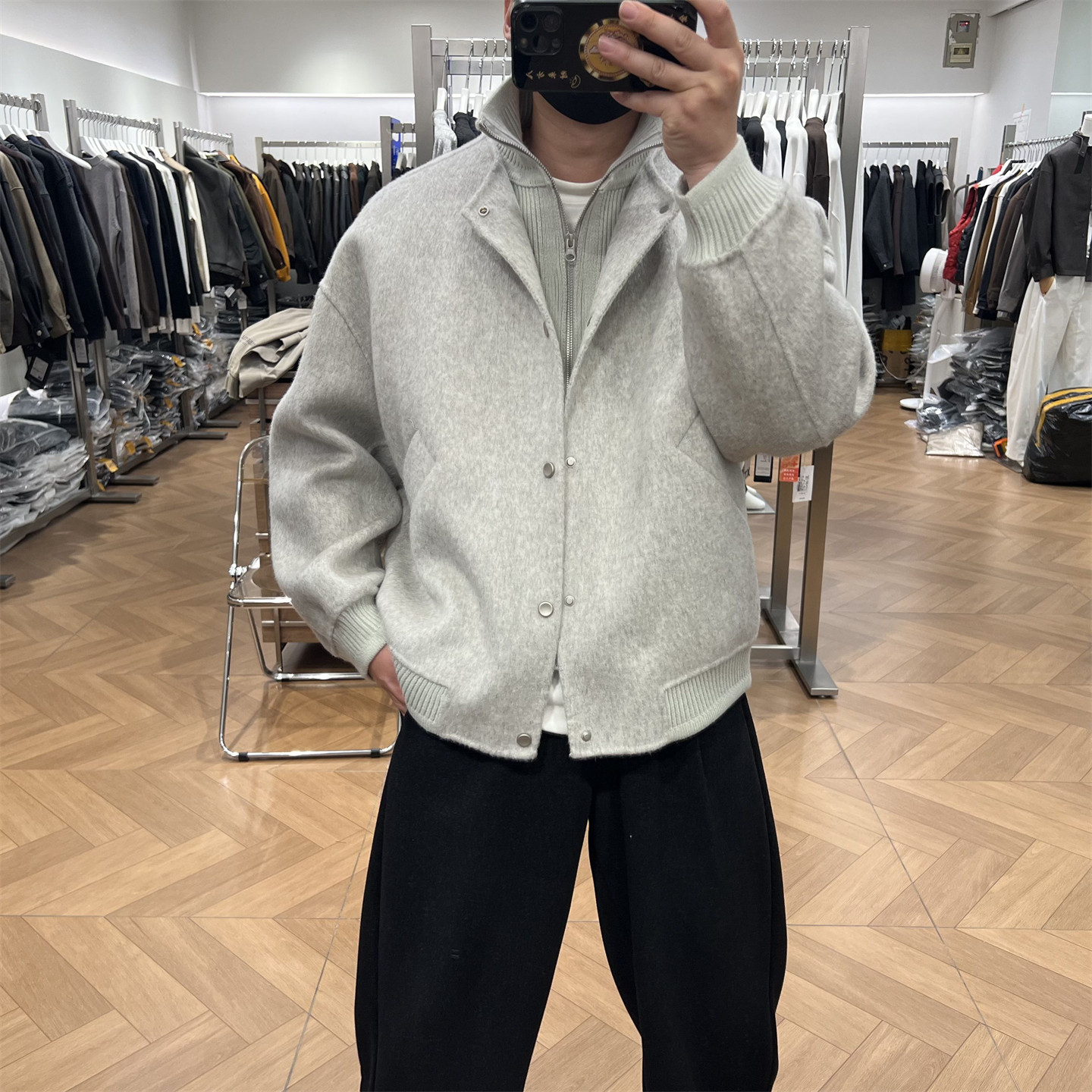 脱卸毛织拼接立领羽绒服羊毛大衣