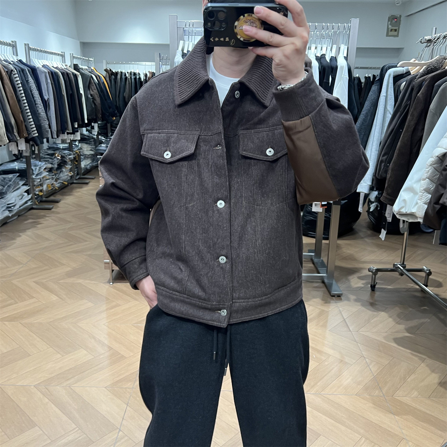 毛织领拼接翻领多口袋工装羽绒服