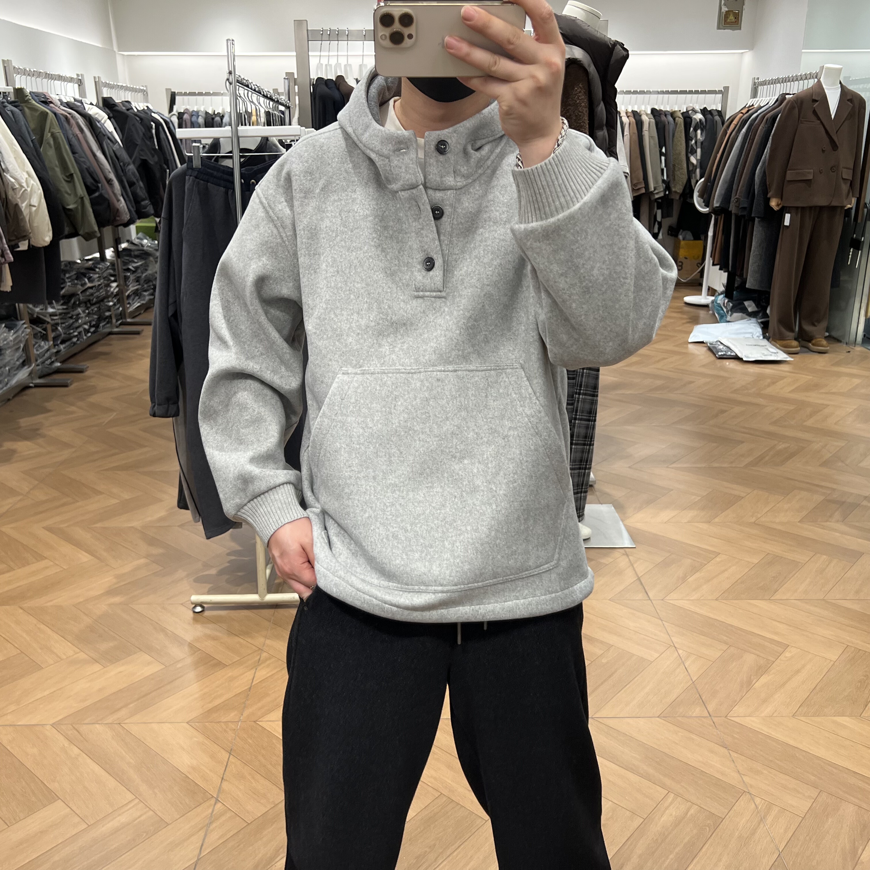 秋冬高级感羊毛混纺连帽卫衣男美式复古加厚保暖通勤松弛感帽衫潮