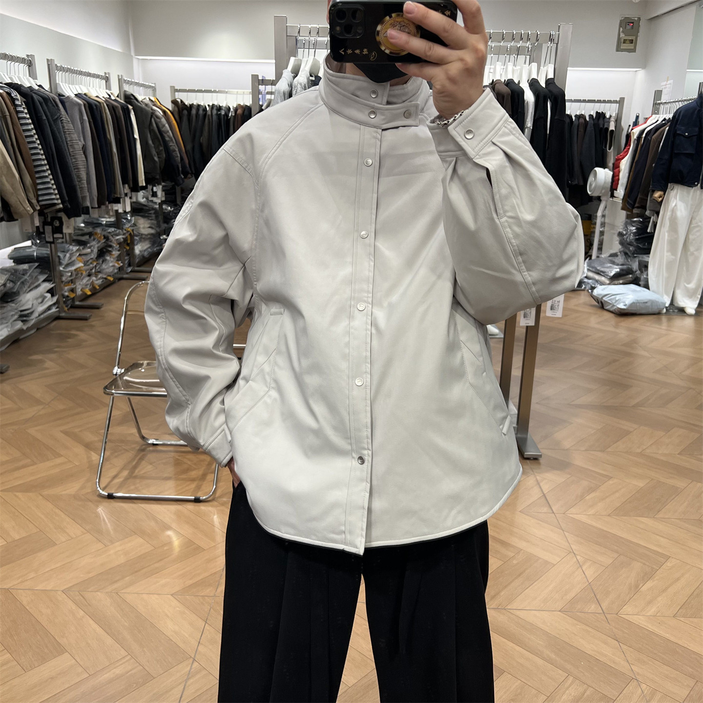 设计感工装立领衬衫式羽绒服外套