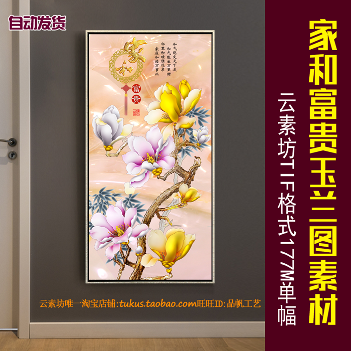 家和富贵彩雕玉兰花卉玄关过道背景墙喷绘图片新中式现代装饰画芯