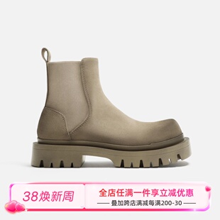 欧美男鞋切尔西短靴沙棕色牛反绒方头绒面真皮休闲增高防滑厚底靴