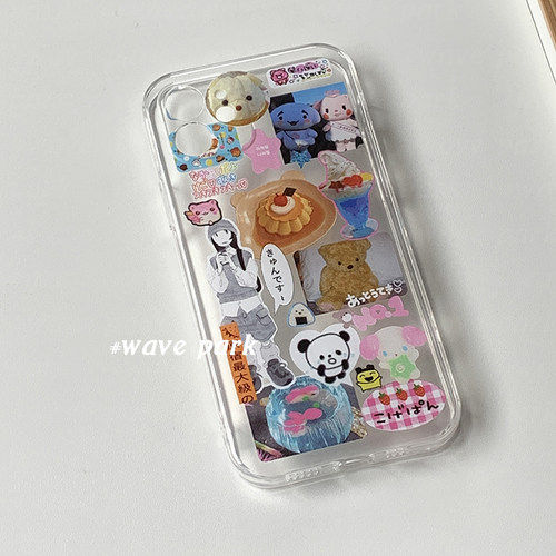 海浪公园【拍三免一】日式布丁古早贴纸风适用于iPhone15promax手机壳tpu透明软壳三星s24小米14pro华为p70