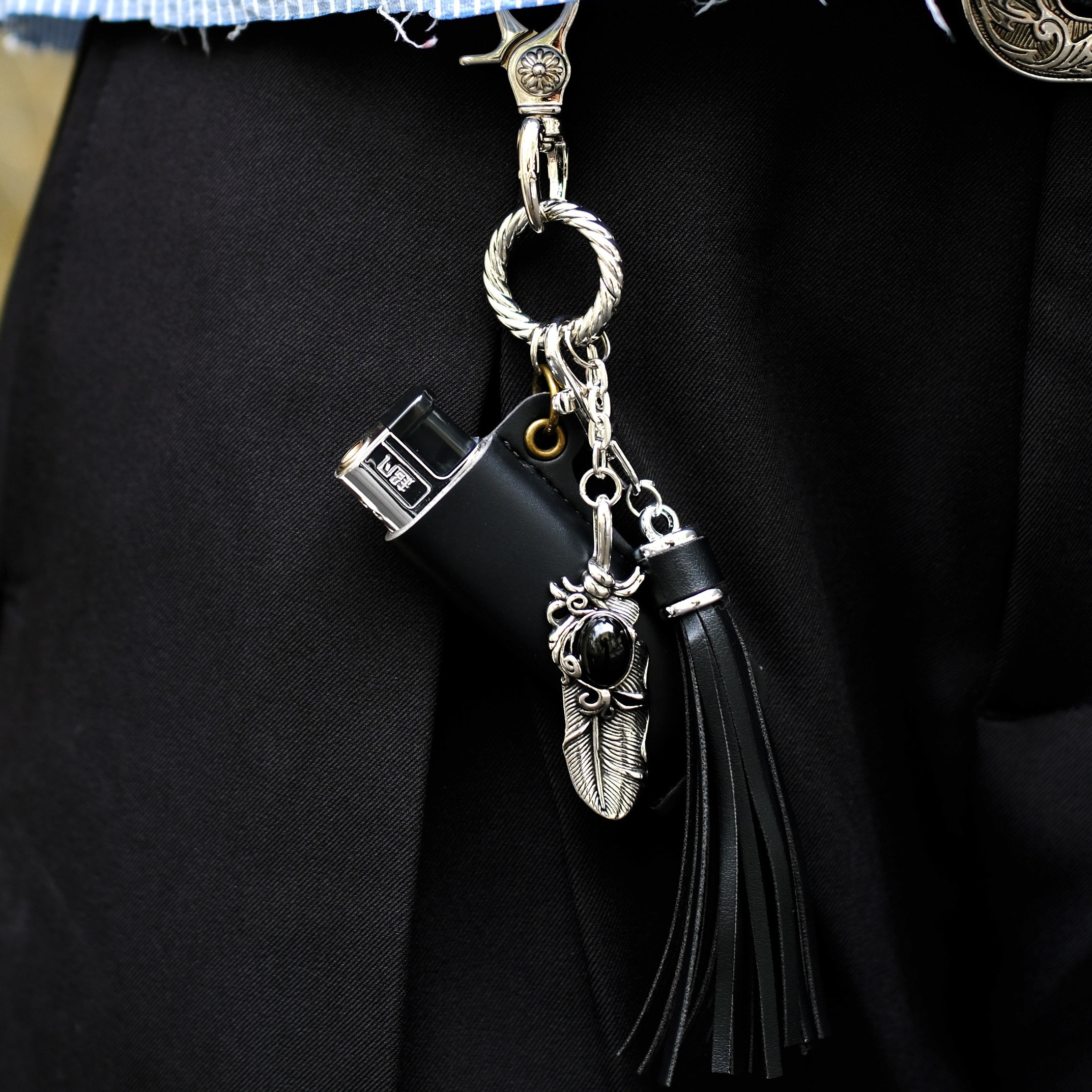 邪恶老鼻嘎vintage美式麻花扣宝石金属简约火机套黑棕皮裤链挂饰