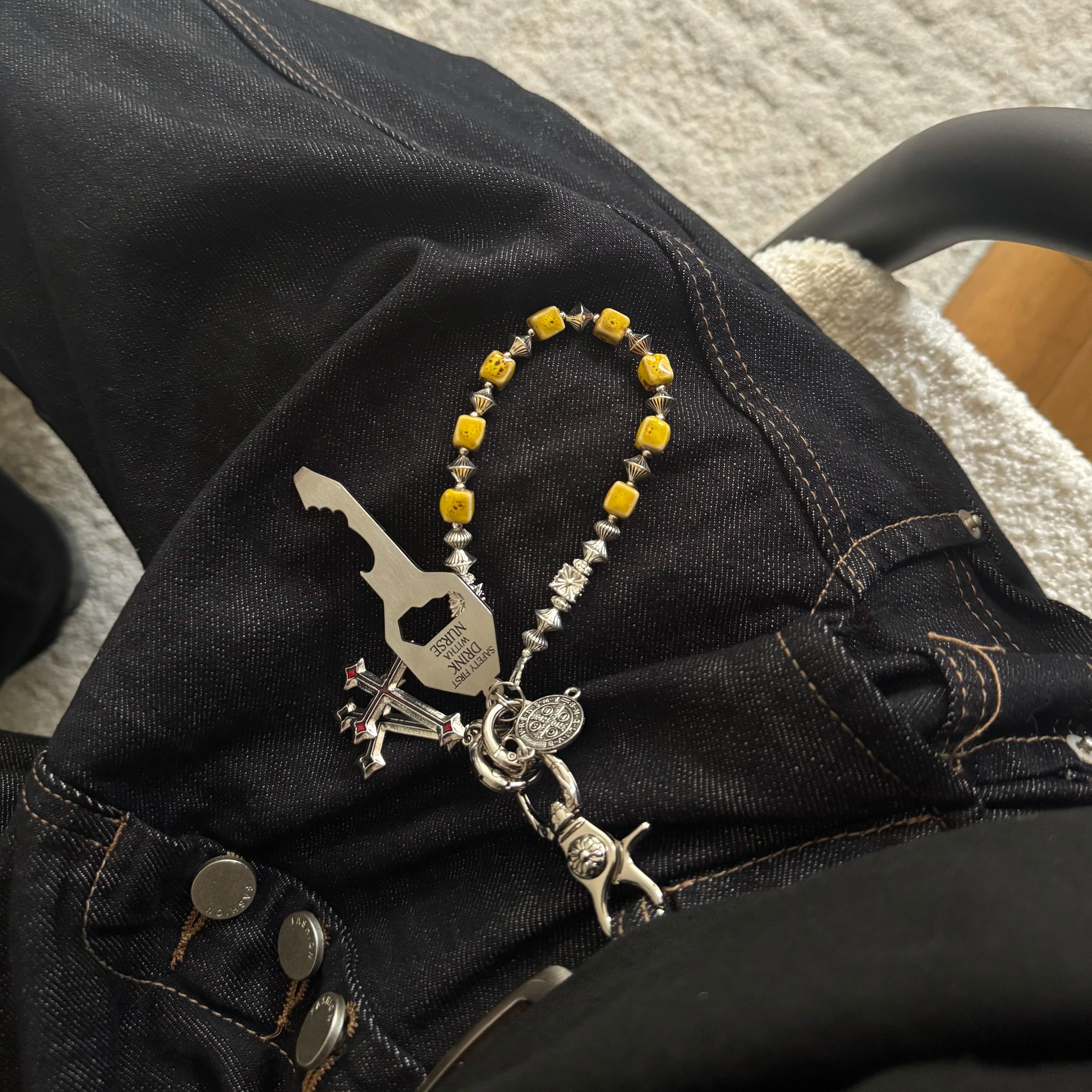 邪恶老鼻噶美式复古陶瓷方块潮流撞色十字手工串珠裤链牛仔裤腰链