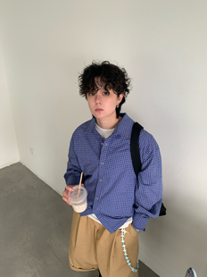 邪恶鼻噶miu系复古氛围感蓝色抽绳格子cleanfit立体短款 男女 衬衫
